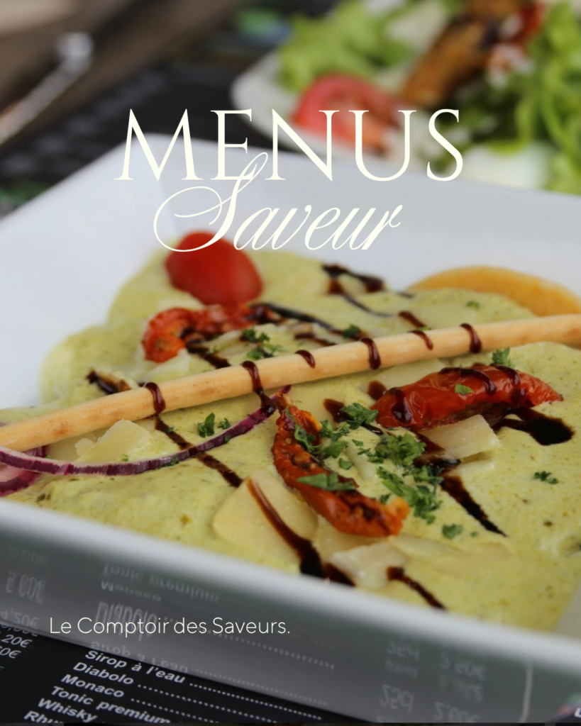 Close-up of a plated gourmet dish with a pale yellow sauce, herbs, and a drizzle of balsamic, overlaid with the words 'MENU Saveur'.