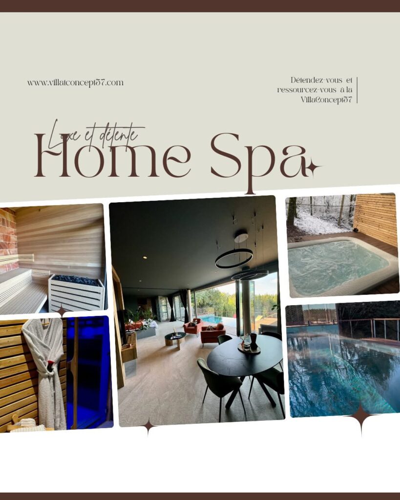 Collage of home-spa amenities: sauna, modern living area, pool, hot tub, and relaxing seating showing a luxurious retreat